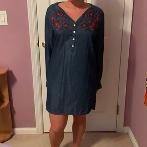 Express-denim dress with floral Embroidery